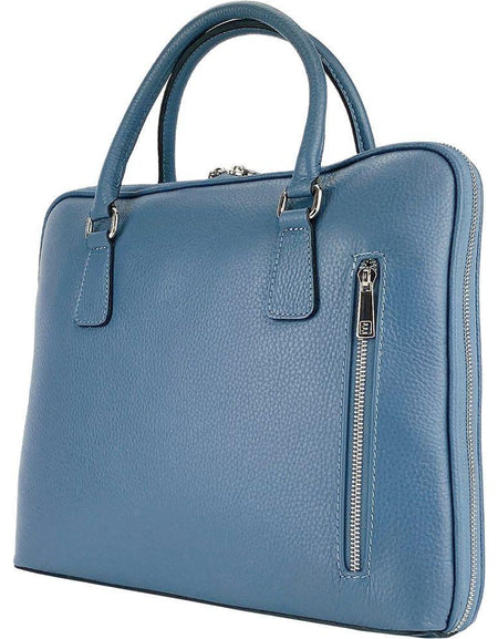 RB1019P | Cartella Business Unisex in Vera Pelle Made in Italy con tracolla removibile. Attacchi con moschettoni in metallo Nickel Lucido - Colore Avio - Dimensioni: cm 37 x 29 x 6,5-0