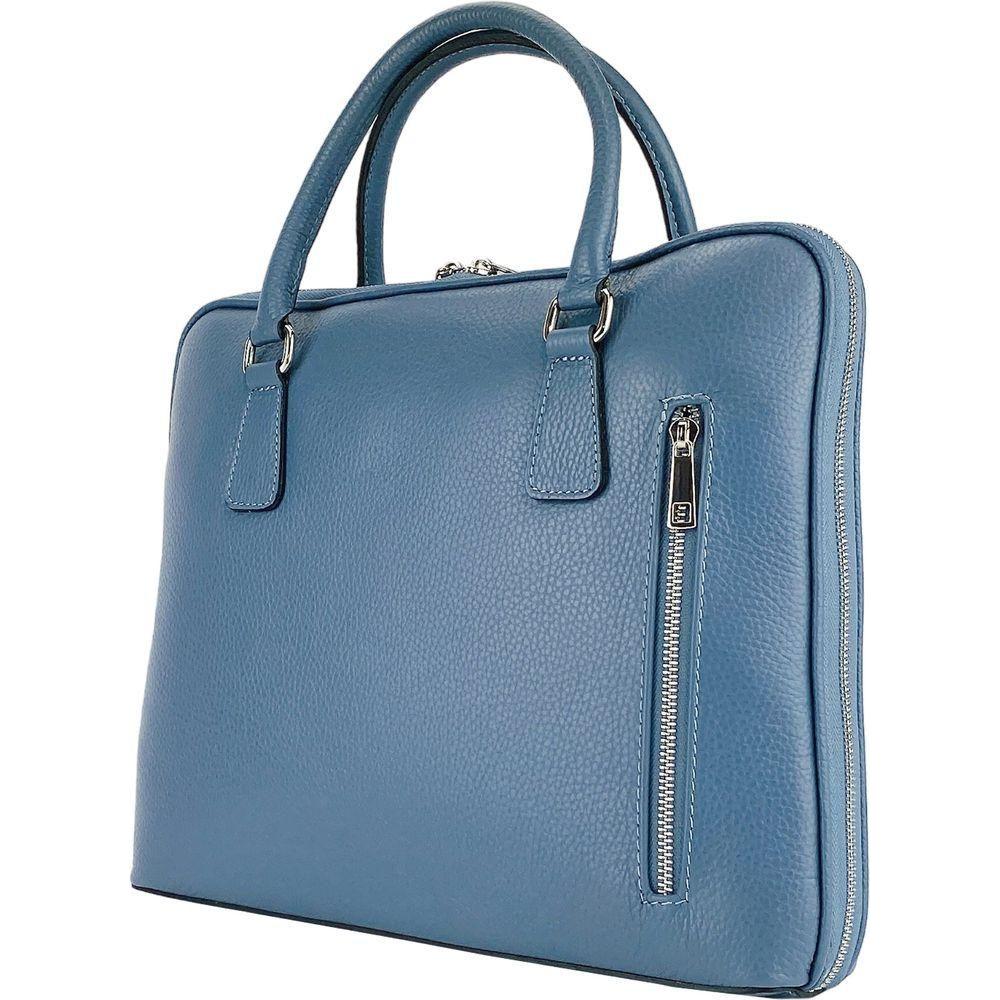 RB1019P | Cartella Business Unisex in Vera Pelle Made in Italy con tracolla removibile. Attacchi con moschettoni in metallo Nickel Lucido - Colore Avio - Dimensioni: cm 37 x 29 x 6,5-0