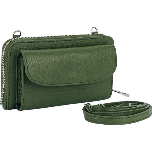 Load image into Gallery viewer, RB1020E | P/Fogli Donna con portacellulare in Vera Pelle Made in Italy con tracolla removibile. Attacchi con moschettoni in metallo Nickel Lucido. Colore Verde. Dimensioni: cm 19,5 x 11 x 5-1
