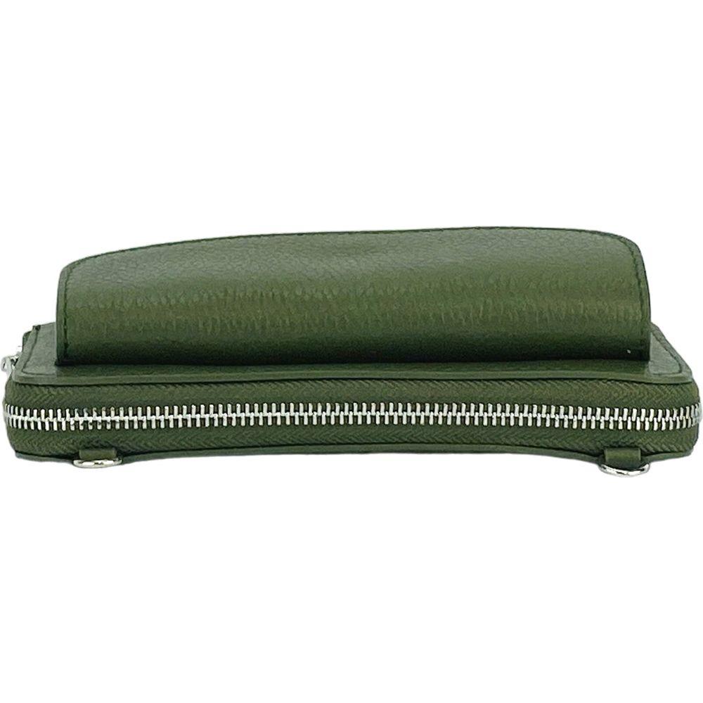 RB1020E | P/Fogli Donna con portacellulare in Vera Pelle Made in Italy con tracolla removibile. Attacchi con moschettoni in metallo Nickel Lucido. Colore Verde. Dimensioni: cm 19,5 x 11 x 5-3