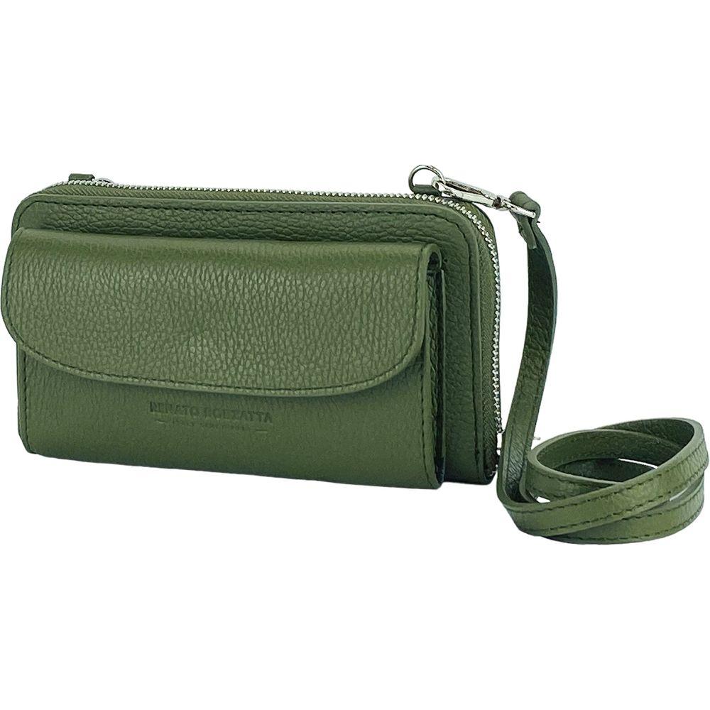 RB1020E | P/Fogli Donna con portacellulare in Vera Pelle Made in Italy con tracolla removibile. Attacchi con moschettoni in metallo Nickel Lucido. Colore Verde. Dimensioni: cm 19,5 x 11 x 5-0