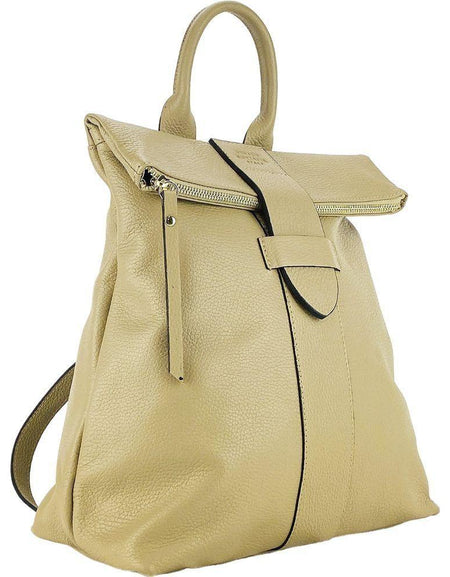 RB1021AL | Zaino Donna Morbido in Vera Pelle Made in Italy con Spallacci regolabili. Chiusura lampo e Accessori in metallo Oro Lucido - Colore Beige - Dimensioni: cm 30 x 34 x 10,5-0