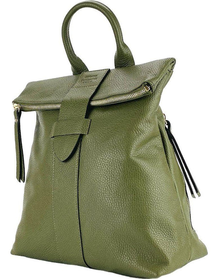 RB1021E | Zaino Donna Morbido in Vera Pelle Made in Italy con Spallacci regolabili. Chiusura lampo e Accessori in metallo Oro Lucido - Colore Verde - Dimensioni: cm 30 x 34 x 10,5-1