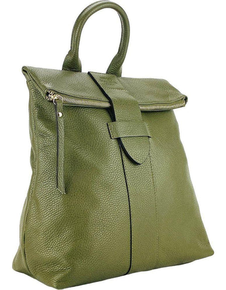 RB1021E | Zaino Donna Morbido in Vera Pelle Made in Italy con Spallacci regolabili. Chiusura lampo e Accessori in metallo Oro Lucido - Colore Verde - Dimensioni: cm 30 x 34 x 10,5-0