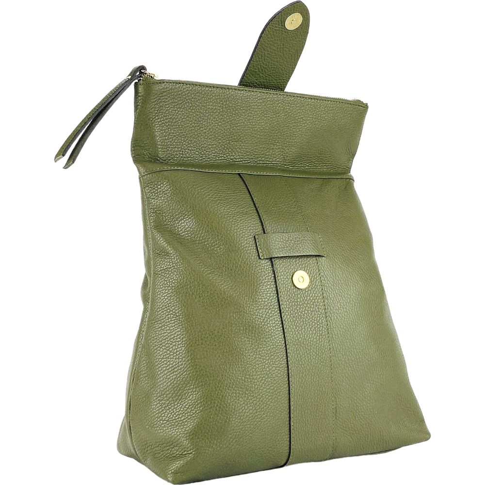 RB1021E | Zaino Donna Morbido in Vera Pelle Made in Italy con Spallacci regolabili. Chiusura lampo e Accessori in metallo Oro Lucido - Colore Verde - Dimensioni: cm 30 x 34 x 10,5-6