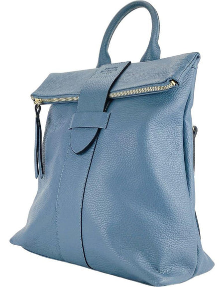 RB1021P | Zaino Donna Morbido in Vera Pelle Made in Italy con Spallacci regolabili. Chiusura lampo e Accessori in metallo Oro Lucido - Colore Avio - Dimensioni: cm 30 x 34 x 10,5-1
