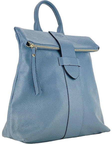 RB1021P | Zaino Donna Morbido in Vera Pelle Made in Italy con Spallacci regolabili. Chiusura lampo e Accessori in metallo Oro Lucido - Colore Avio - Dimensioni: cm 30 x 34 x 10,5-0