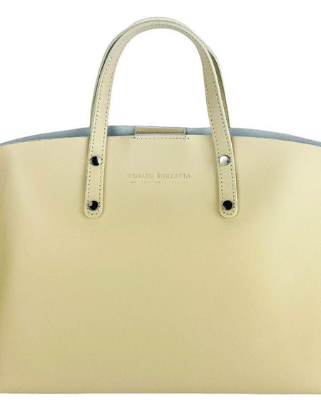 RB1024AL  | Borsa Donna a Mano in Vera Pelle Made in Italy con tracolla removibile. Sacca grande interna estraibile. Accessori Canna di Fucile Lucido - Colore Beige - Dimensioni: cm 48x31x11-1