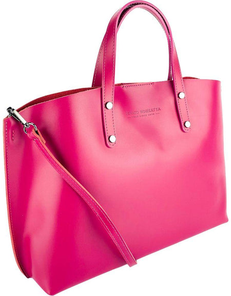 RB1024BE  | Borsa Donna a Mano in Vera Pelle Made in Italy con tracolla removibile. Sacca grande interna estraibile. Accessori Canna di Fucile Lucido - Colore Fuxia - Dimensioni: cm 48x31x11-0