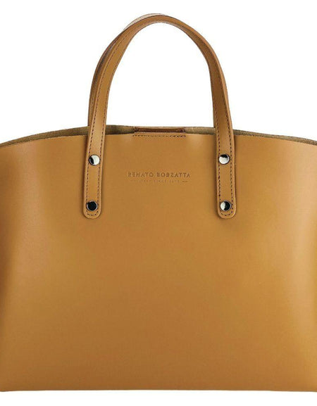 RB1024S  | Borsa Donna a Mano in Vera Pelle Made in Italy con tracolla removibile. Sacca grande interna estraibile. Accessori Canna di Fucile Lucido - Colore Cognac - Dimensioni: cm 48x31x11-1