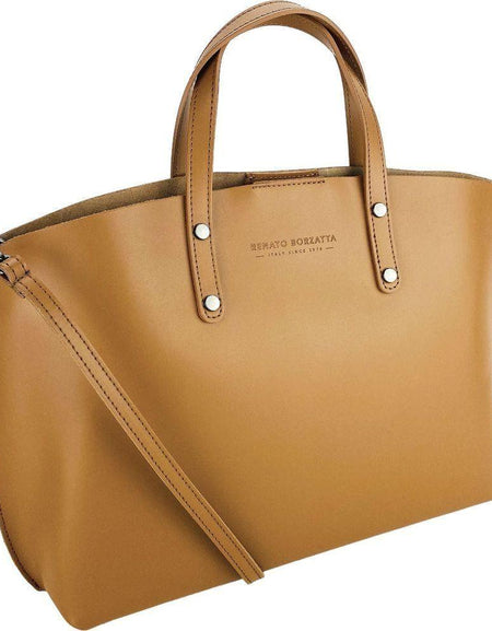 RB1024S  | Borsa Donna a Mano in Vera Pelle Made in Italy con tracolla removibile. Sacca grande interna estraibile. Accessori Canna di Fucile Lucido - Colore Cognac - Dimensioni: cm 48x31x11-0