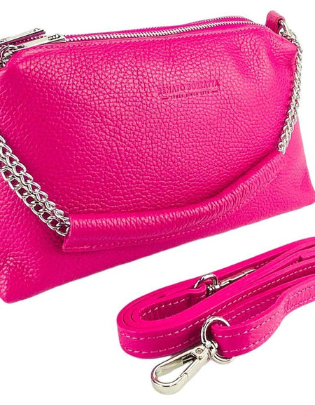RB1025BE  | Borsa Donna a Mano con doppia lampo in Vera Pelle Made in Italy. Tracolla in pelle regolabile. Accessori Nickel Lucido - Colore Fuxia - Dimensioni: cm 26 x 14 x 9-0