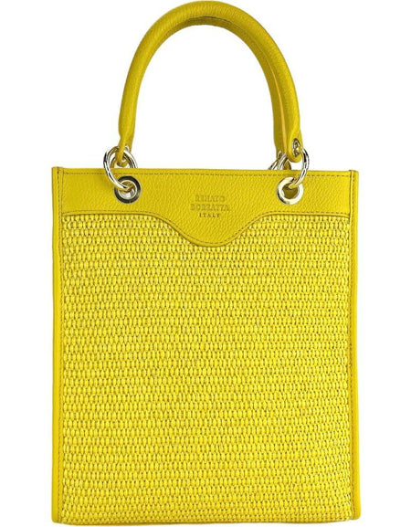 RB1026R  | Borsa Donna a mano verticale in Vera Pelle e Paglia Made in Italy. Tracolla removibile e regolabile in pelle. Accessori Oro Lucido - Colore Giallo - Dimensioni: cm 24 x 29 x 9-1