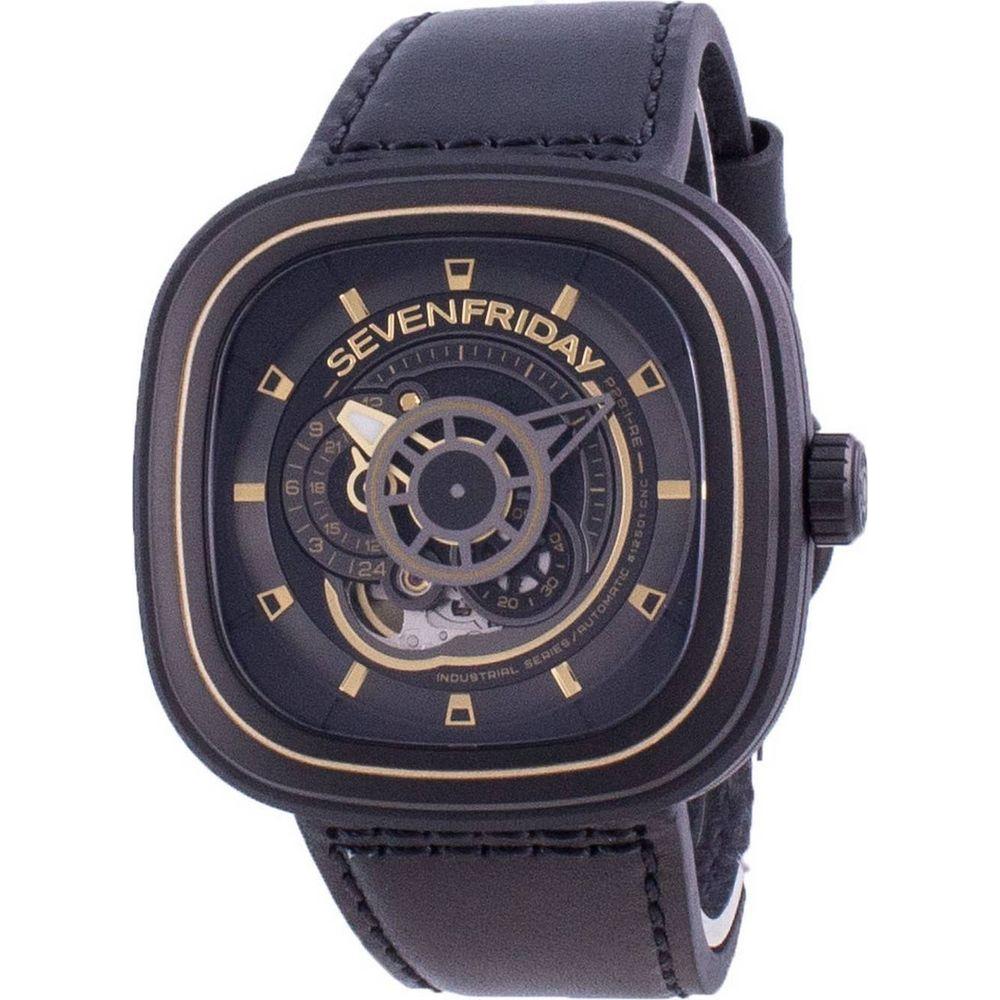 Sevenfriday P-Series Automatic P2B/02 SF-P2B-02 Men's Black Leather Strap Chronograph Watch Replacement Band - Elegant and Versatile Black Leather Strap for Men's Watches