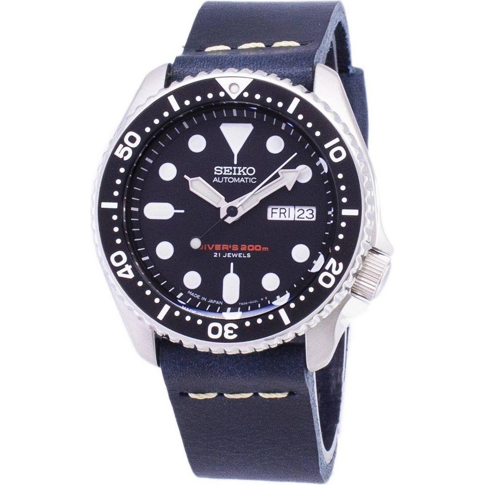 Seiko SKX007J1-var-LS15 Men's Dark Blue Leather Strap Automatic Diver's Watch: Classic Replacement Watch Strap in Dark Blue for Men