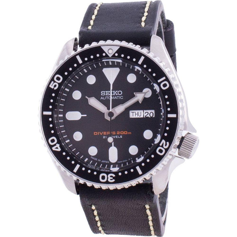 Seiko Men's SKX007J1-var-LS16 Automatic Diver's Black Dial Leather Strap Watch