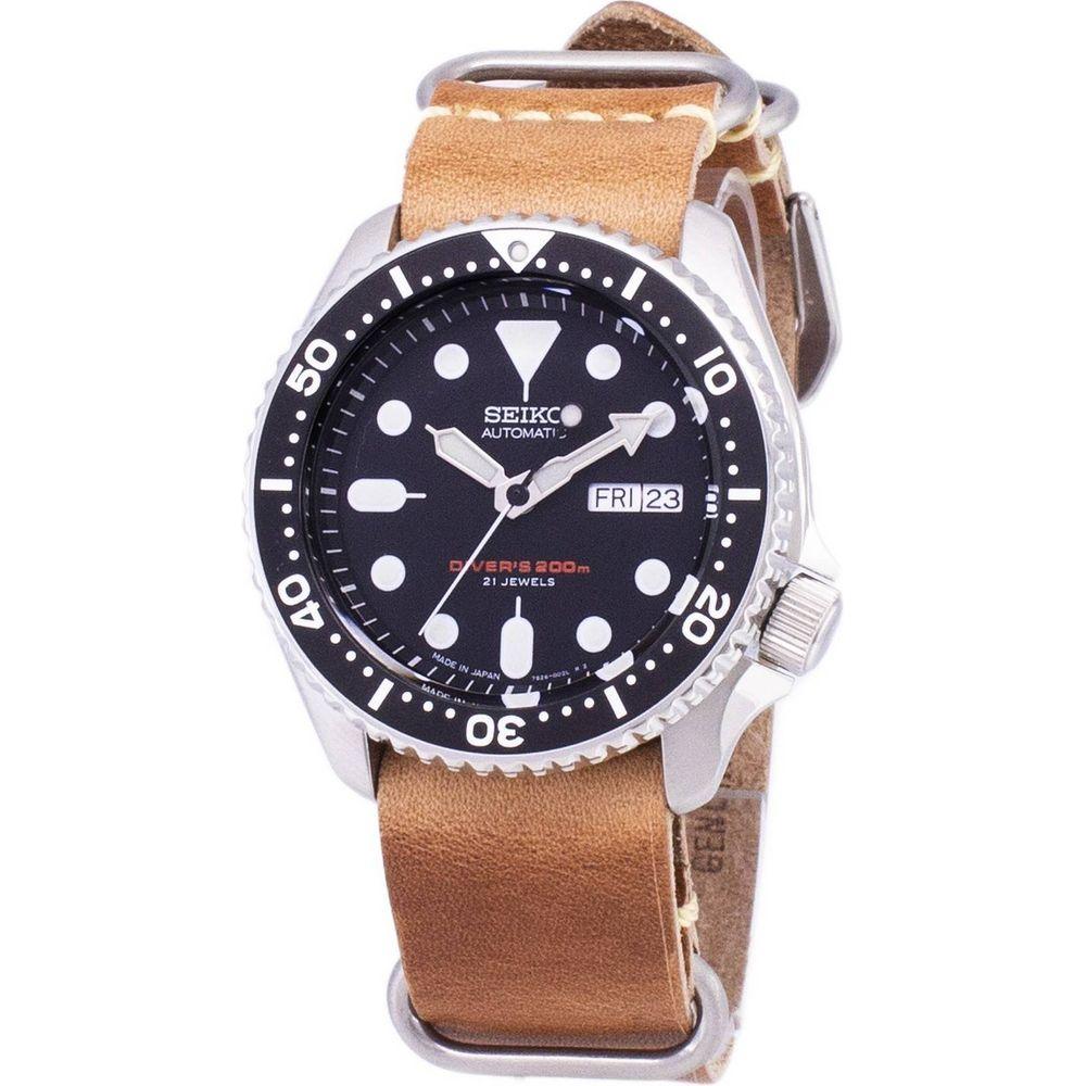 Seiko SKX007J1-var-LS18 Men's Automatic Diver's Watch - Made in Japan - Brown Leather Strap