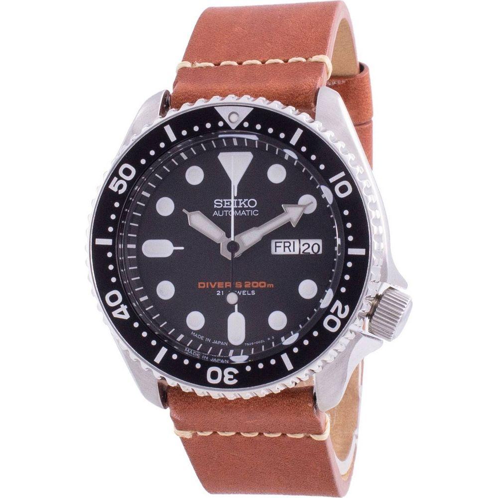 Seiko Men's SKX007J1-var-LS21 Automatic Diver's Watch, Black Dial, Leather Strap