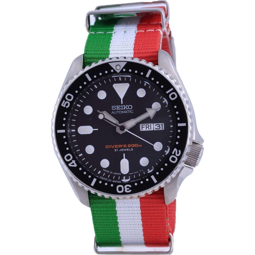 Seiko SKX007J1 Japan Made Automatic Diver's Polyester Men's Watch Strap - Black with Italy National Flag Pattern