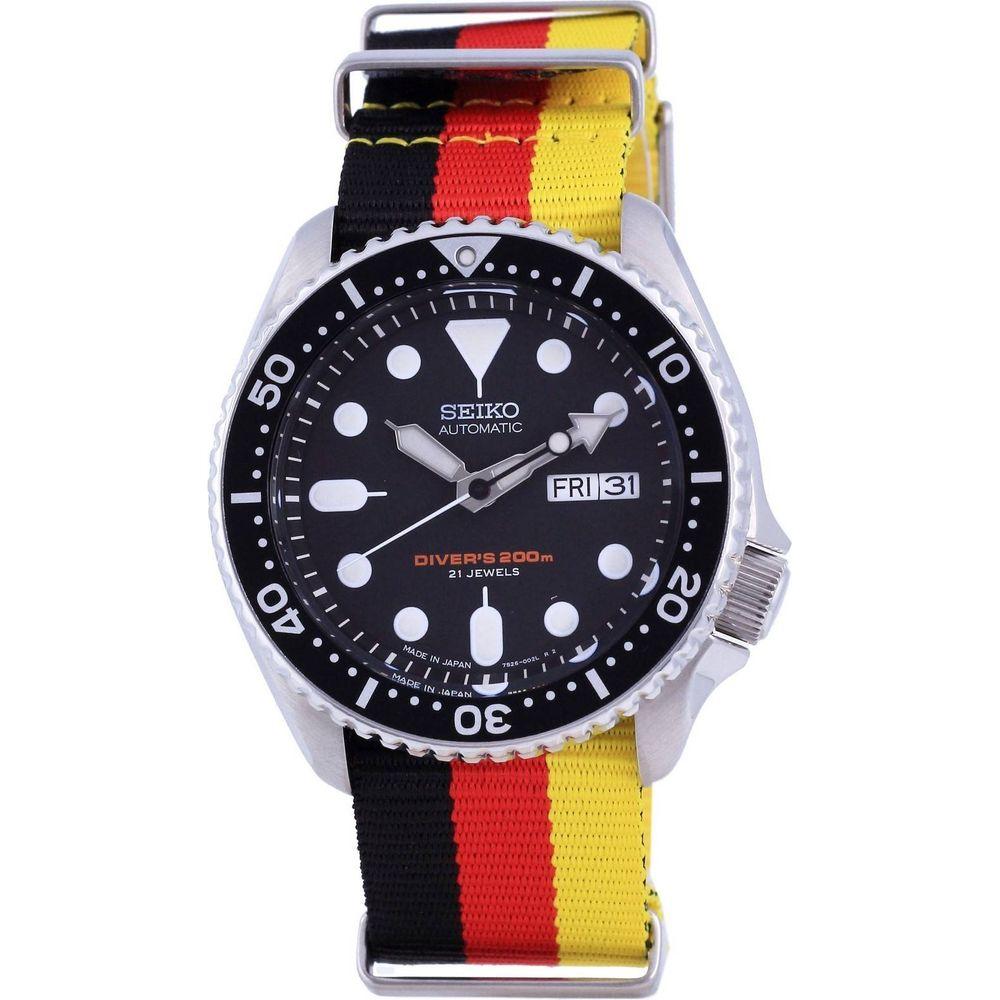 Seiko Men's SKX007J1 Polyester Automatic Diver's Watch - German Flag Pattern Strap, 200M Water Resistance - Black