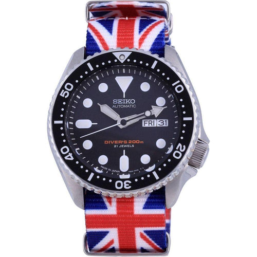 Load image into Gallery viewer, Seiko SKX007J1-var-NATO28 Men&#39;s Automatic Diver&#39;s Watch - Made in Japan, Stainless Steel Case, United Kingdom Flag Strap
