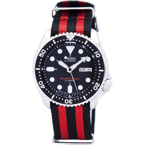 Load image into Gallery viewer, Seiko SKX007J1-var-NATO3 Men&#39;s Automatic Diver&#39;s 200M Watch - Stainless Steel Case, Red Black NATO Strap
