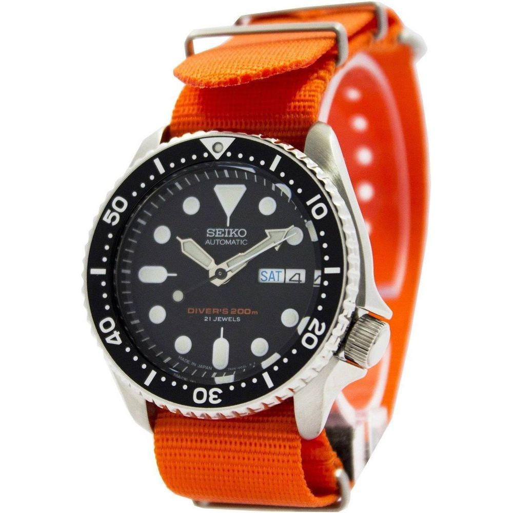 Seiko SKX007J1-var-NATO7 Men's Stainless Steel Automatic Diver's Watch - Orange NATO Strap