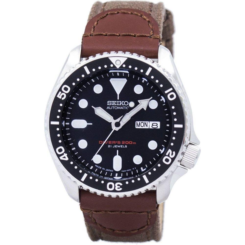 Seiko Men's SKX007J1-var-NS1 Automatic Diver's Canvas Strap Watch - 200M Water Resistance - Black Dial