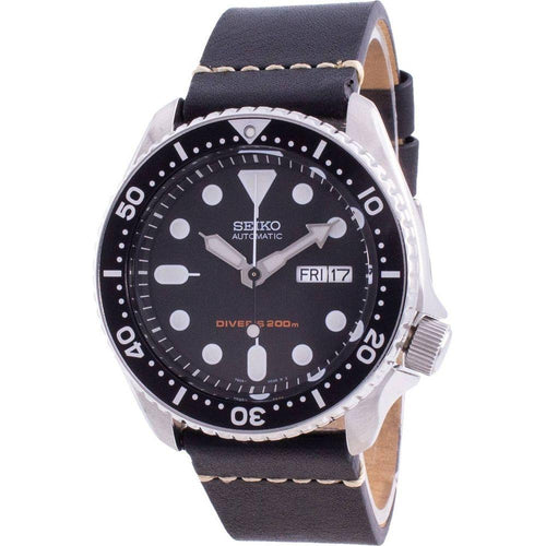 Load image into Gallery viewer, Seiko Discover More SKX007K1-var-LS20 200M Men&#39;s Automatic Diver&#39;s Watch - Stainless Steel Case, Black Dial, Leather Strap
