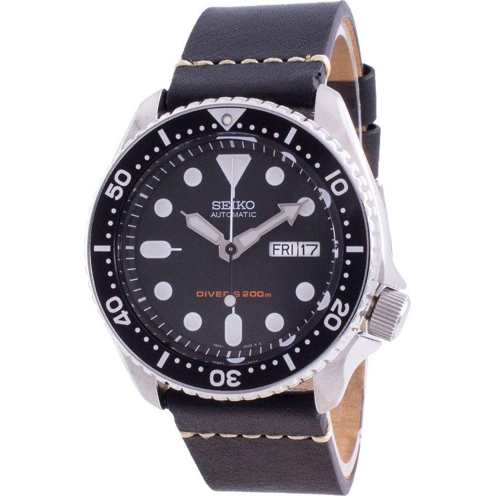 Seiko Discover More SKX007K1-var-LS20 200M Men's Automatic Diver's Watch - Stainless Steel Case, Black Dial, Leather Strap
