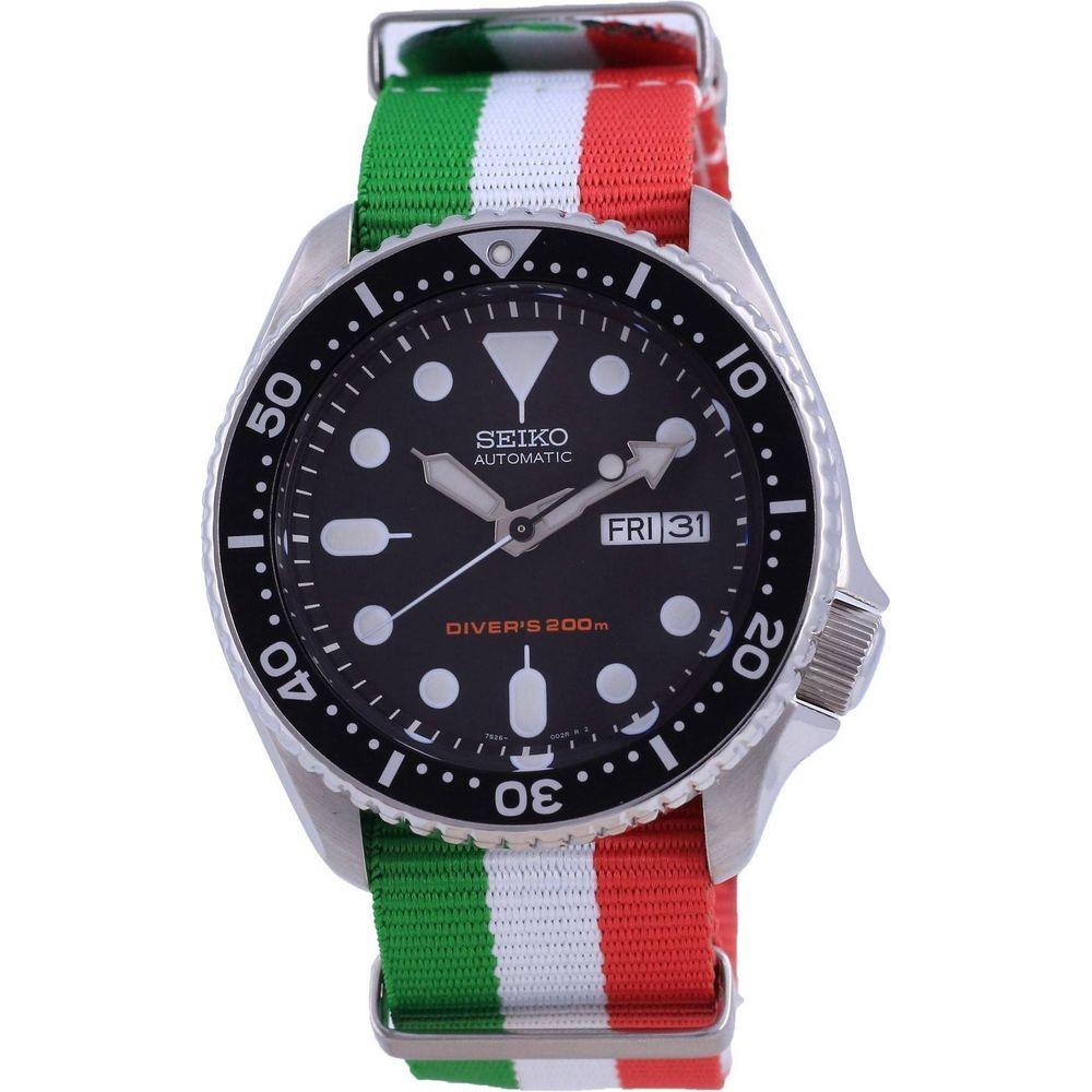 Seiko Men's SKX007K1-var-NATO23 200M Automatic Diver's Watch - Italian Flag Pattern, Black Dial