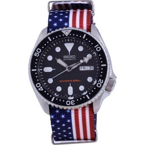 Load image into Gallery viewer, Seiko Men&#39;s SKX007K1-var-NATO27 Automatic Diver&#39;s Watch with USA National Flag Pattern Strap - Stainless Steel Case, 200M Water Resistance, Black
