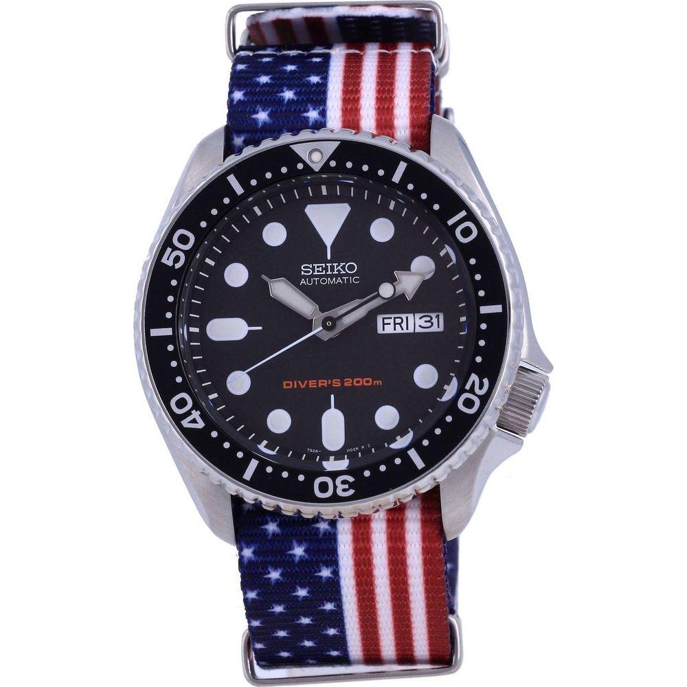 Seiko Men's SKX007K1-var-NATO27 Automatic Diver's Watch with USA National Flag Pattern Strap - Stainless Steel Case, 200M Water Resistance, Black