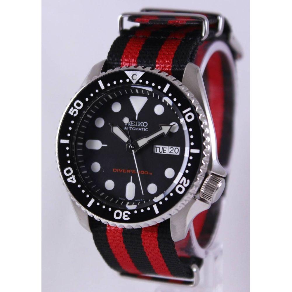 Seiko Men's Automatic Diver's 200M SKX007K1-var-NATO3 Stainless Steel Watch - Red Black NATO Strap