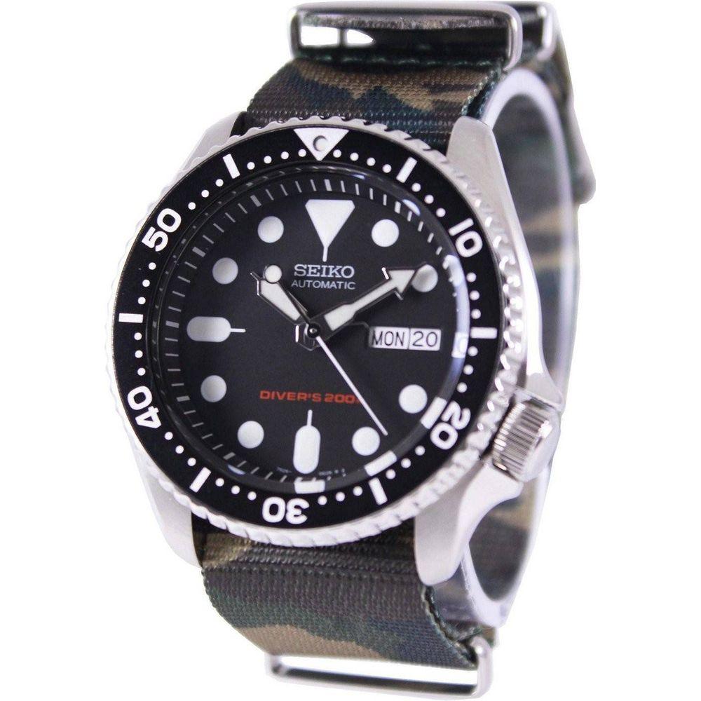 Seiko SKX007K1-var-NATO5 Men's Stainless Steel Automatic Diver's Watch with Army NATO Strap - Black Dial, 200M Water Resistance