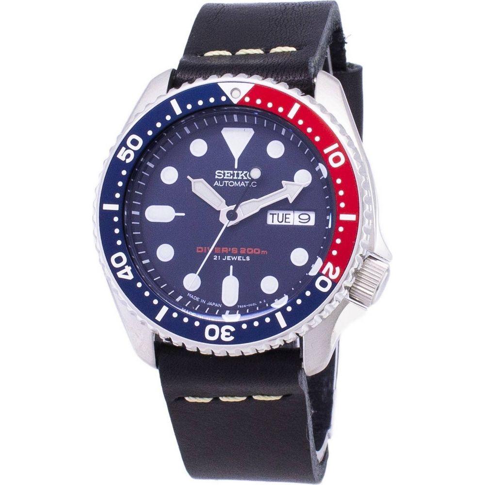 Seiko SKX009J1-var-LS14 Men's Black Leather Strap Automatic Diver's Watch