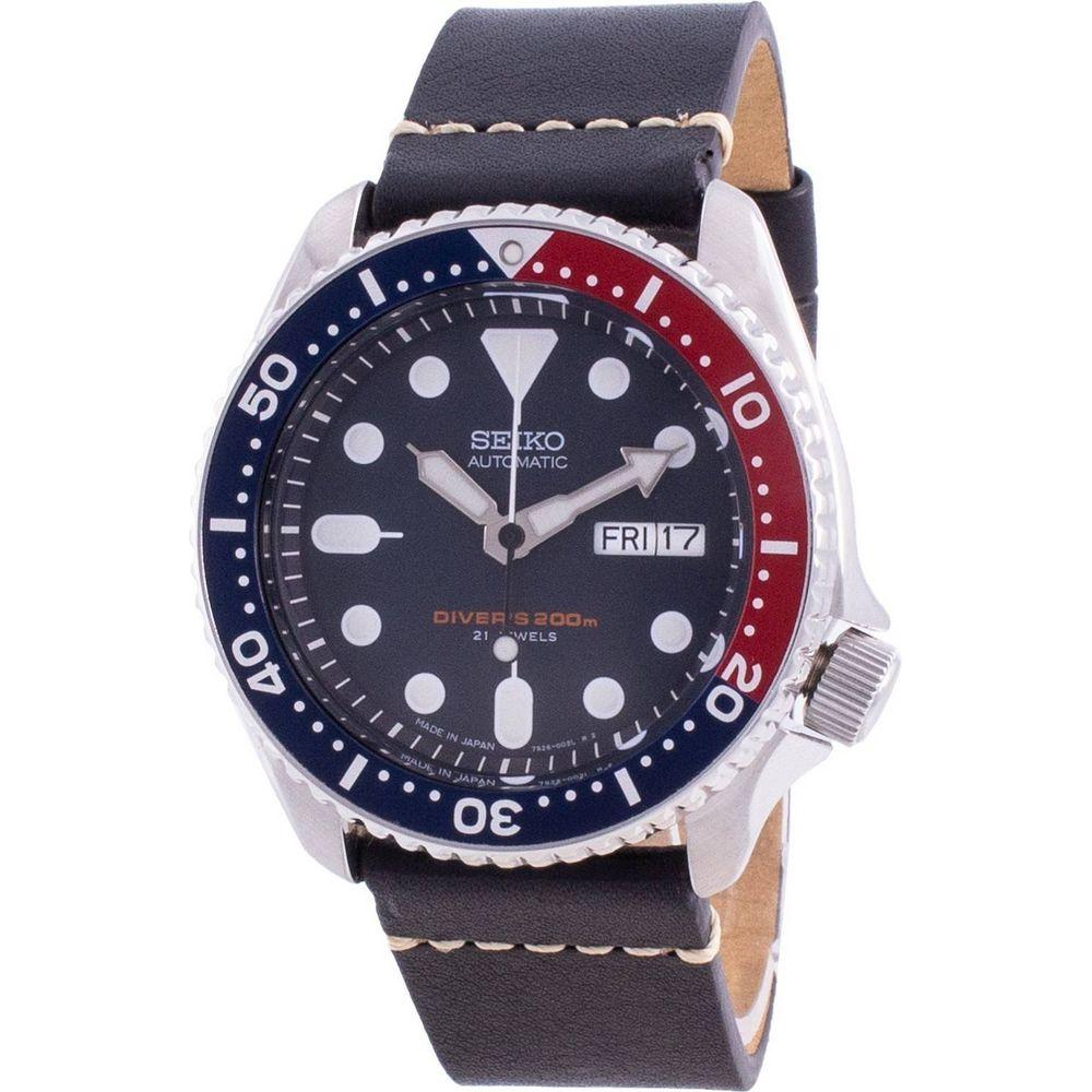 Seiko Men's SKX009J1-var-LS20 Blue Dial Automatic Diver's Watch - Stainless Steel Case and Leather Strap