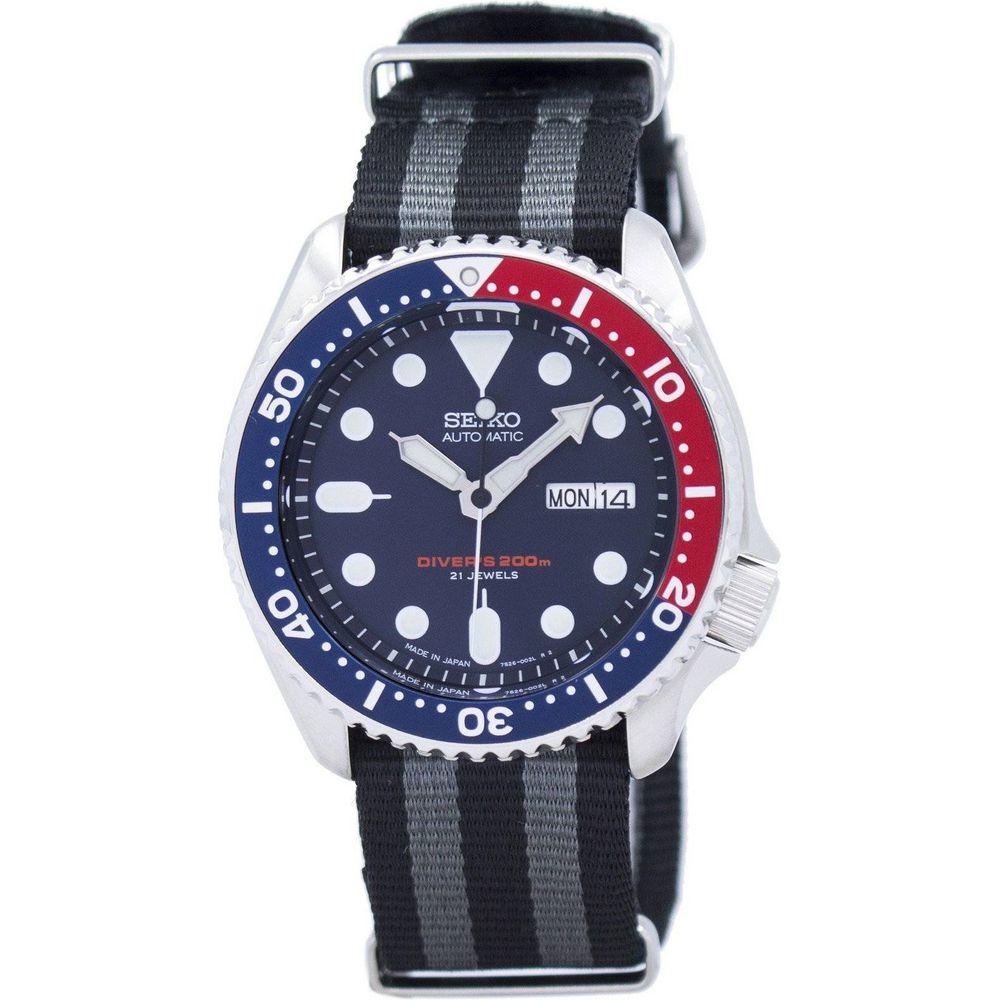 Seiko SKX009J1-var-NATO1 Men's Automatic Diver's Watch Stainless Steel Case with Grey Black NATO Strap and Dark Blue Dial - Watch Strap Replacement for Men's Diver's Watch