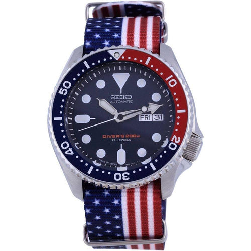 Load image into Gallery viewer, Seiko Men&#39;s SKX009J1 Diver&#39;s Automatic Watch - Blue Dial with USA National Flag Pattern Strap
