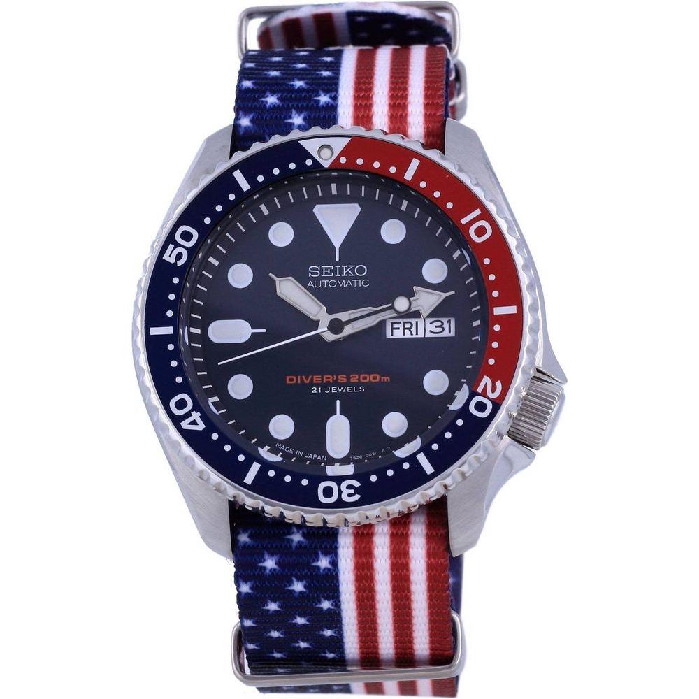 Seiko Men's SKX009J1 Diver's Automatic Watch - Blue Dial with USA National Flag Pattern Strap