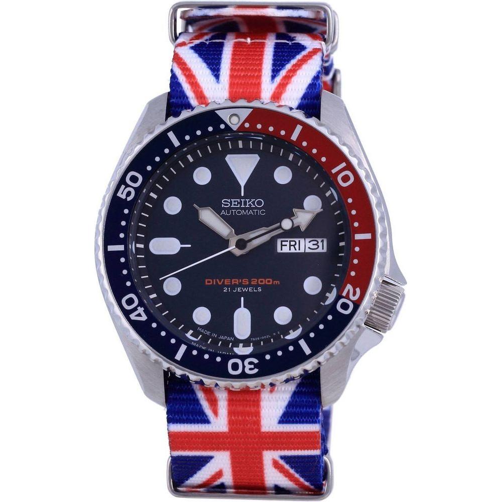 Seiko SKX009J1-var-NATO28 200M Men's Automatic Diver's Watch with United Kingdom National Flag Pattern Polyester Strap - Sapphire Blue