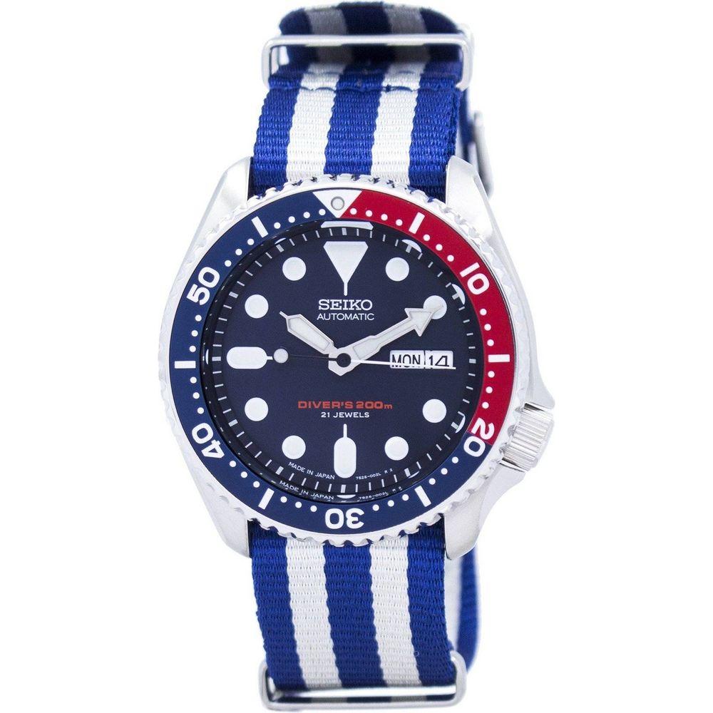 Seiko SKX009J1-var-NATO2 Men's Automatic Diver's 200M Watch - Stainless Steel Case, Blue White NATO Strap