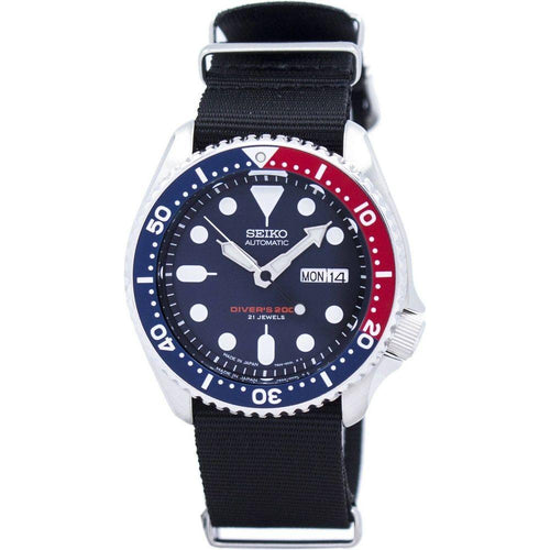 Load image into Gallery viewer, Seiko SKX009J1-var-NATO4 Men&#39;s Automatic Diver&#39;s 200M Watch - Stainless Steel Case, Black NATO Strap, Dark Blue Dial, Red and Blue Bezel
