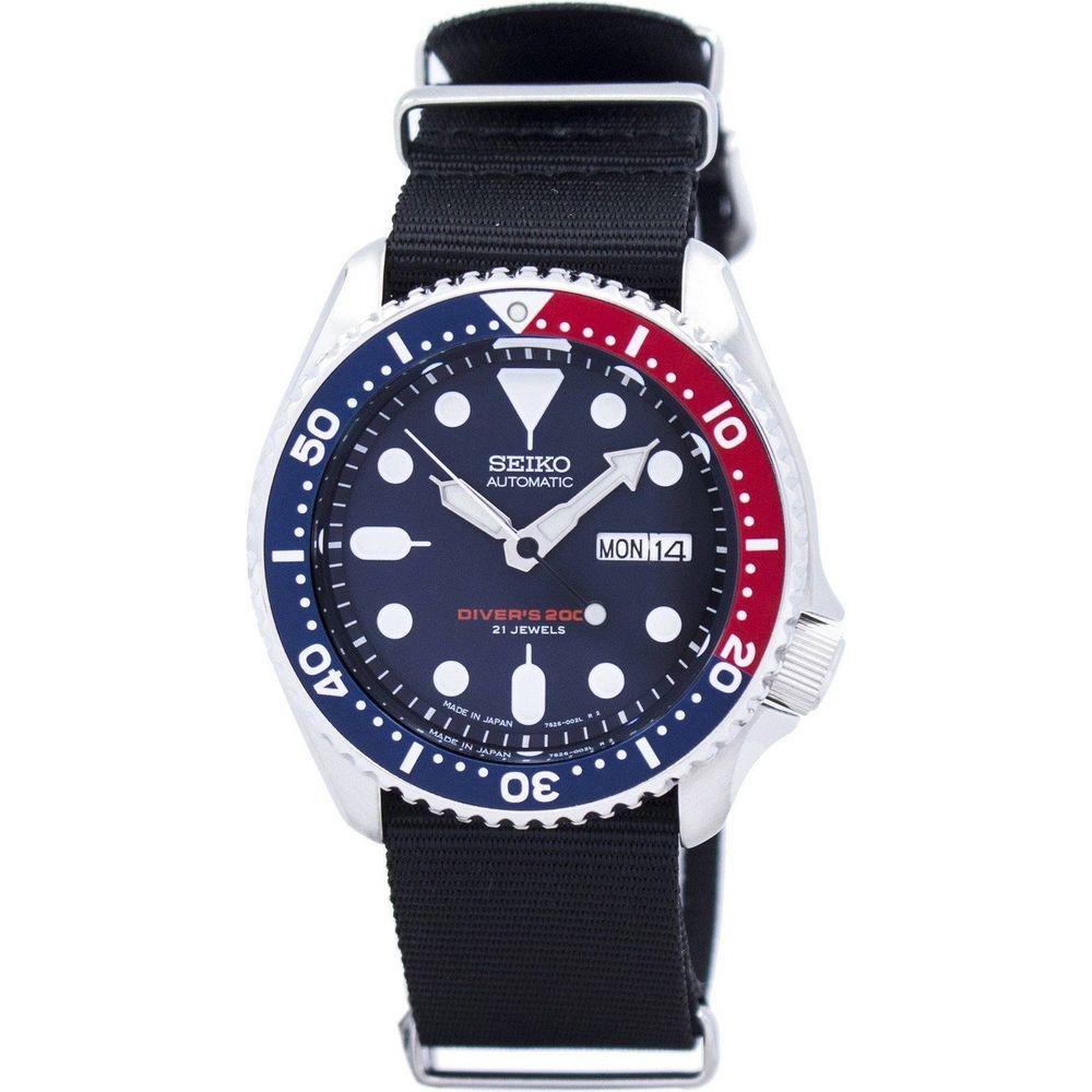 Seiko SKX009J1-var-NATO4 Men's Automatic Diver's 200M Watch - Stainless Steel Case, Black NATO Strap, Dark Blue Dial, Red and Blue Bezel