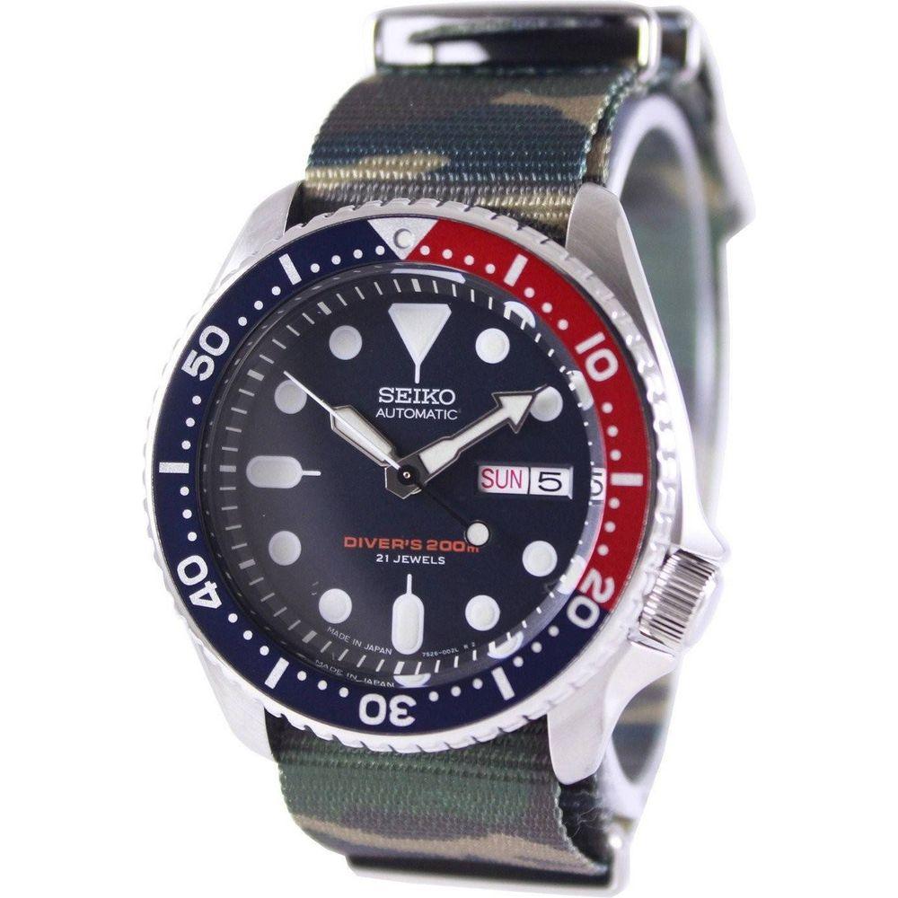 Seiko SKX009J1-var-NATO5 Men's Automatic Diver's 200M Dark Blue Dial Army NATO Strap Watch - Replacement Band in Army Green for Men