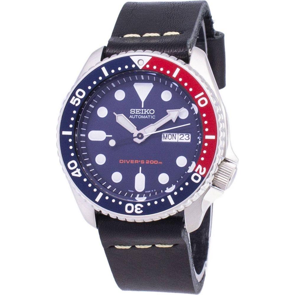 Seiko SKX009K1-var-LS14 Men's Automatic Diver's Watch - Black Leather Strap, Blue Dial