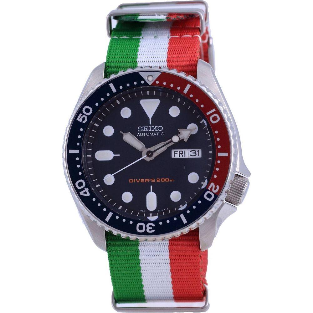Seiko SKX009K1-var-NATO23 Polyester Automatic Diver's 200M Men's Watch - Italy National Flag Pattern Strap, Blue Dial