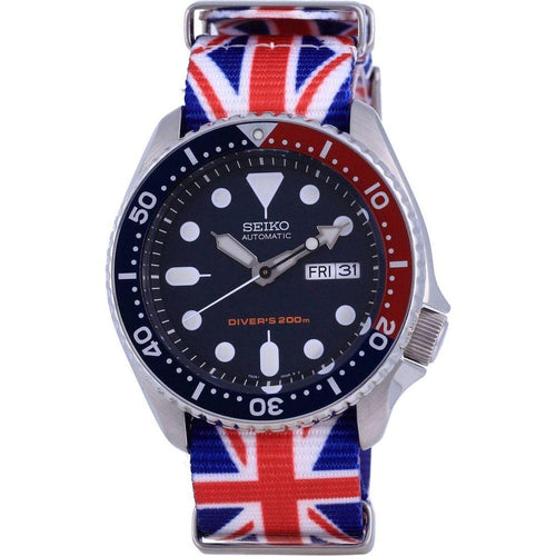 Load image into Gallery viewer, Seiko Men&#39;s SKX009K1-var-NATO28 Polyester Automatic Diver&#39;s Watch - United Kingdom Flag Pattern Strap, Blue Dial
