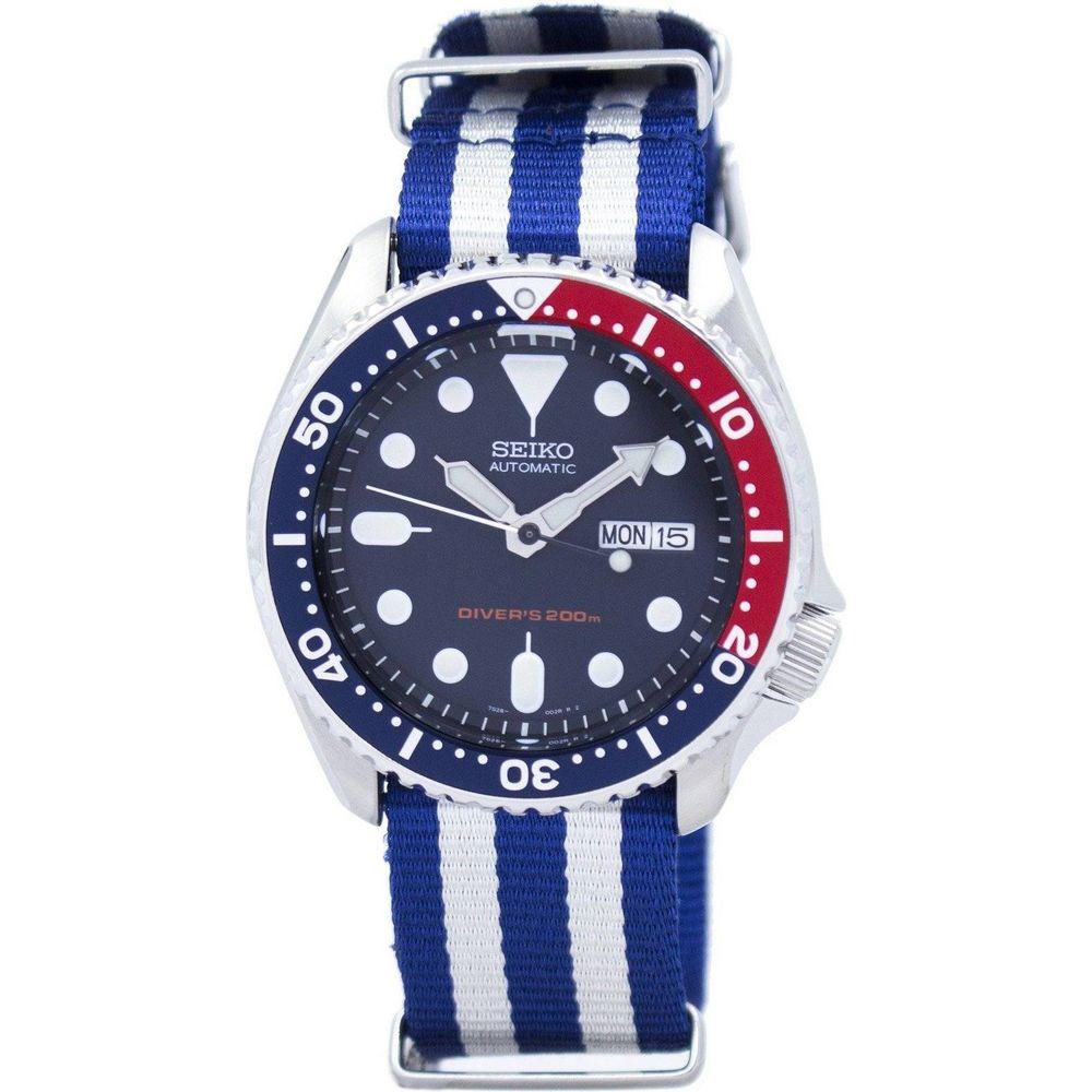 Seiko Men's SKX009K1-var-NATO2 Stainless Steel Automatic Diver's Watch with Blue White NATO Strap
