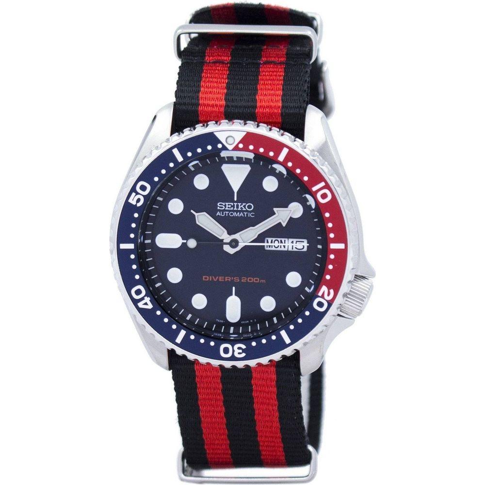 Seiko SKX009K1-var-NATO3 Men's Automatic Diver's 200M Watch in Red and Black with Stainless Steel Case and NATO Strap